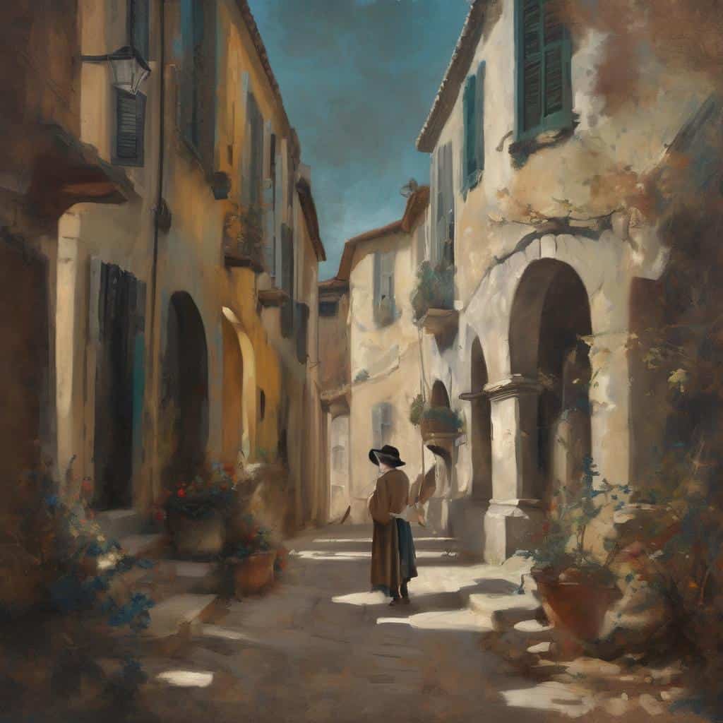 Ρυθμός δρόμου στην παλιά πόλη, ζωγραφική μεσαιωνικής εποχής, οικογενειακή βόλτα, ελαιογραφία, τέχνη και πολιτισμός.