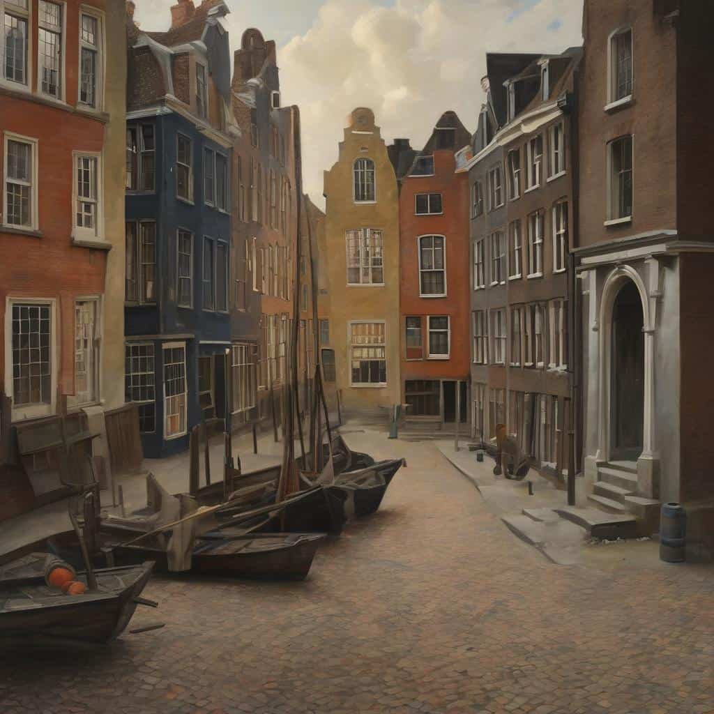 Μπλε και πορτοκαλί πολύμορφα κτίρια με κανάλι και πλοία, εικόνα από καλλιτεχνικούς κόσμους.