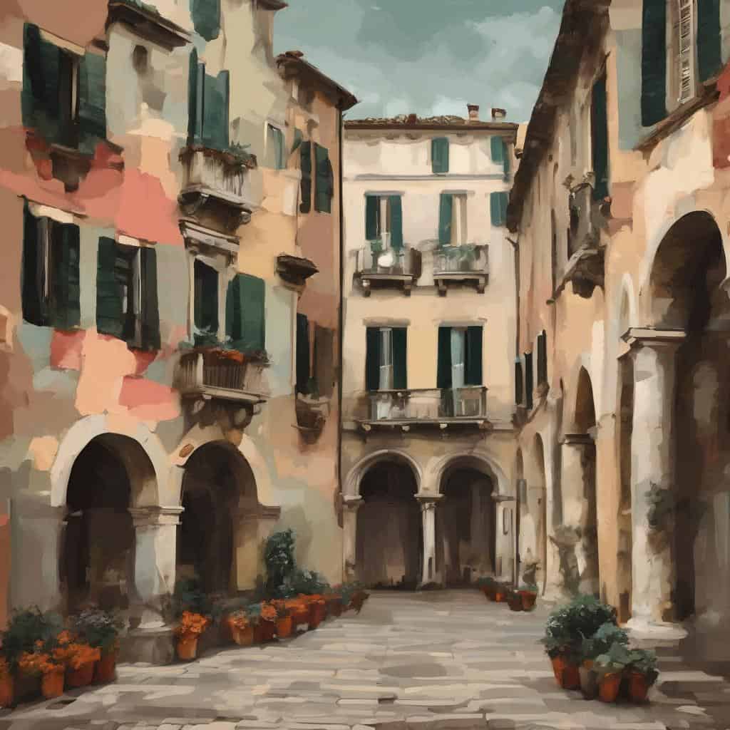 Λίθινη πλατεία με πολύχρωμα παλιά κτίρια και φυτά στην αυλή, έγχρωμο ζωγραφικό τοπίο.