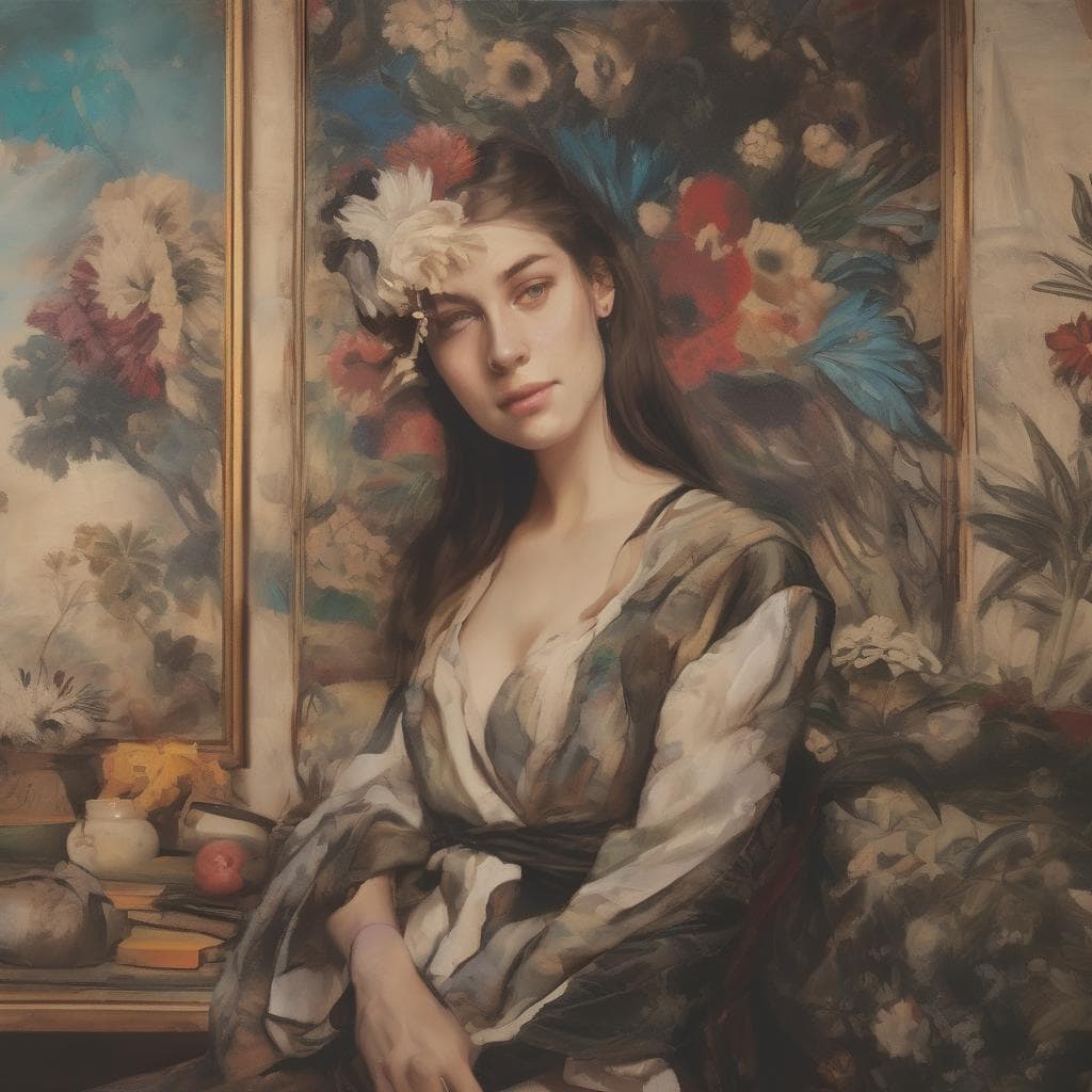 Ουάου, μια νεαρή γυναίκα με πλούσιο μπλε και κόκκινο φόντο σε πίνακα ζωγραφικής.