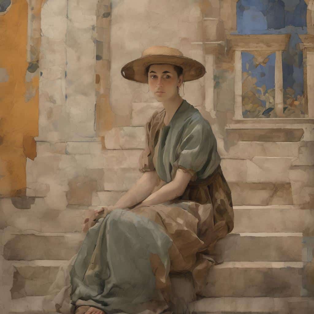 Λεπτομέρειες από την τέχνη και τον πολιτισμό, γυναίκα με καπέλο σε παραδοσιακό περιβάλλον.